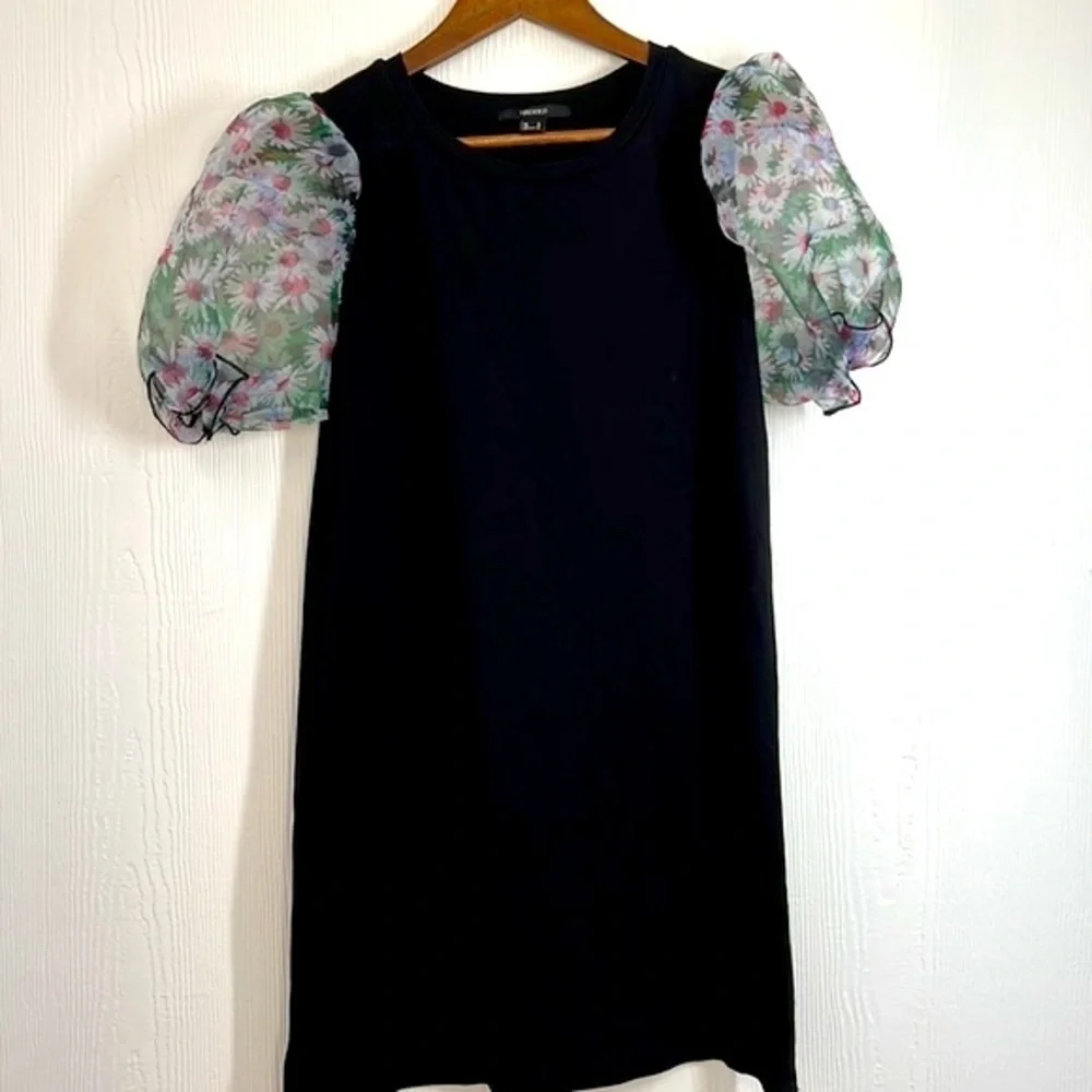 Forever 21 - Black Mini Shirt Dress With Short Floral Puffed See Thru Sleeves SM